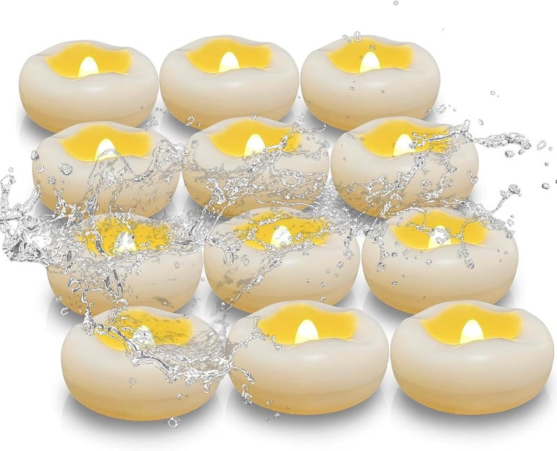 Eynshoo 12 Pack Floating Candles,3-Inch Waterproof LED Tea Lights–Realistic Flickering Flame,160-Hour Battery, Flameless&Safe, Auto On/Off for Centerpieces,Pool, Weddings,Halloween, Parties - Image 1